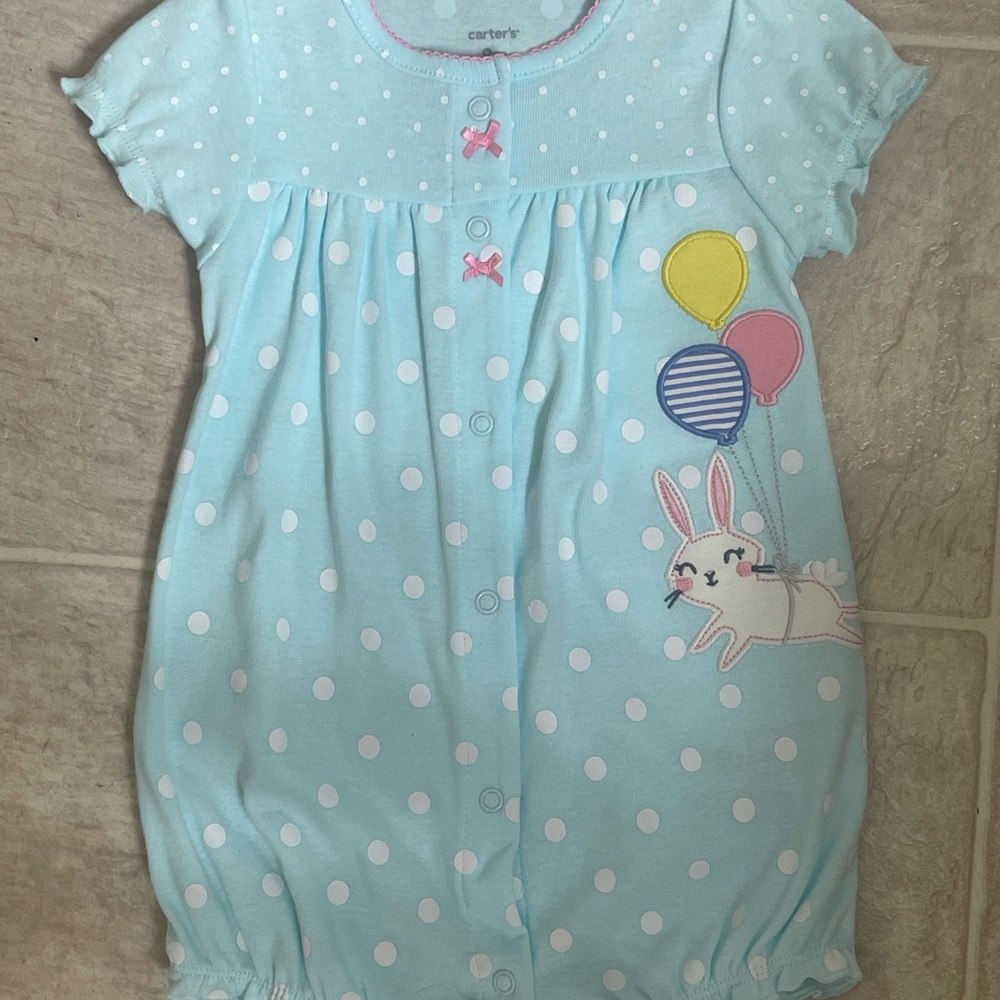 Carter's Snap Up One Piece with Ruffle Sleeves & legs with balloons & a rabbit
